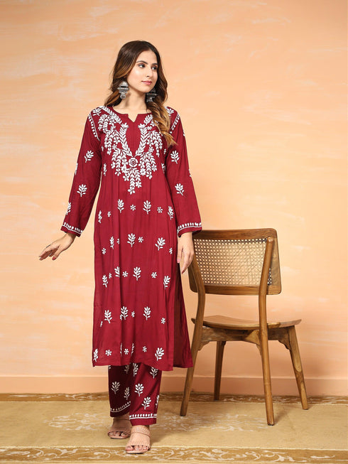 Fizaa Chikankari Long Modal Kurta Set - Maroon